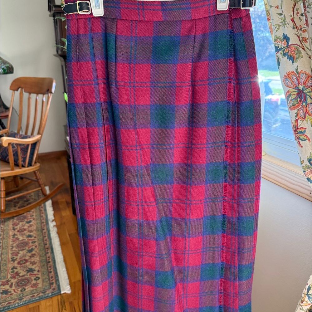 Vintage Tartan Wrap Skirt in Reddish Pink and Blue. Wardson Brand. Pure Wool.